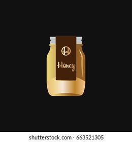 Glass jar of sweet honey with label and logo, vector isolated illustration.