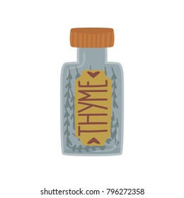 Glass jar of thyme spice herb, element for restaurant or kitchen menu design,  cartoon  vector Illustration