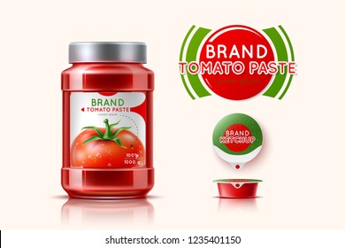 Glass jar with tomato paste, ketchup. Packaging design with label. Realistic vector illustration