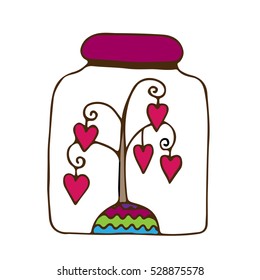 Glass jar with a tree with hearts inwardly. Vector illustration.