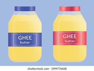 Frasco de vidrio con mantequilla de ghee natural útil (aceite). Comida ayurvédica india. Mantequilla de ghee amarillo brillante. Ilustración vectorial plana	
