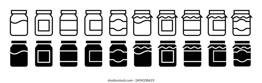 Glass jar vector icon set. empty jam jar container sign. pickle clear transparent container vector symbol.