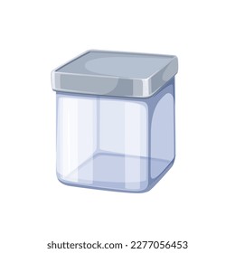 Glass jar vector illustration. Cartoon isolated empty kitchen box for food storage, glass transparent zero waste closed container with lid, eco reusable lunchbox of square shape for vegan lifestyle