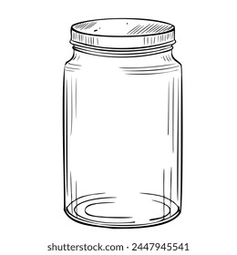 Glass Jar vector illustration. Etching of transparent Bottle with cork painted by black inks in line art style. Drawing of empty container on isolated background. Sketch of vintage kitchen utensils.