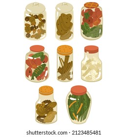 Glass jar with Vegetables and nuts. Walnut, almond, cashew, hazelnut. Pickled cucumbers and tomatoes. Home canning. Preparing food for the winter.  Flat style in vector illustration. Isolated.