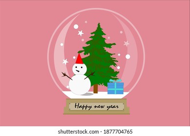 A glass jar in a warm tone background with a gift box and a pine tree while it snows with a lovely snowball.