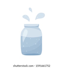 Glass jar with water and drops. Hand drawn isolated icon. Flat drink vector illustration. Cartoon bottle with liquid and spray. Aqua template for food design