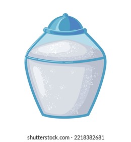 Glass jar of white granulated sugar. Transparent jar with lid. Vector illustration isolated in white background. Sweet food, sucrose concept.