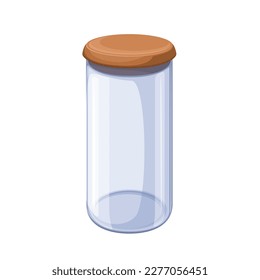 Glass jar with wooden cap vector illustration. Cartoon isolated empty transparent packaging, storage container for bulk food in home kitchen, glass bottle for package to reduce plastic consumption