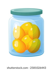 Glass jar with yellow gold Easter eggs. 