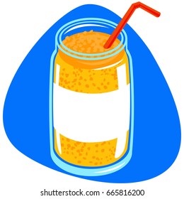 Glass jar with yellow smoothie, white label and red straw. Isolated. On blue background.