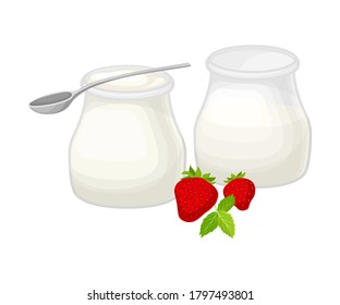Glass Jar with Yogurt as Dairy Product and Strawberry Rested Nearby Vector Illustration