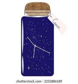Glass jar with zodiac constellations. Cancer on the night sky. Collect moments. Jar with tag for horoscope
