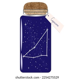 Glass jar with zodiac constellations. Capricorn on the night sky. Collect moments. Jar with tag for horoscope
