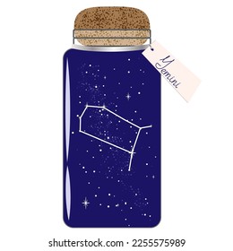 Glass jar with zodiac constellations. Gemini on the night sky. Collect moments. Jar with tag for horoscope