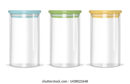 Glass jars with airtight seal colorful lids, realistic vector mockup. Clear empty food containers isolated on white background, template.