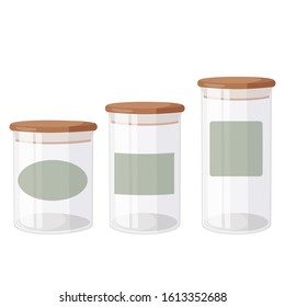 Glass jars with airtight seal wood lids and blank labels. Kitchen goods collection.