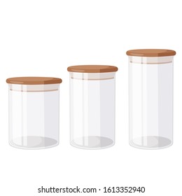 Glass jars with airtight seal wood lids. Kitchen goods collection.