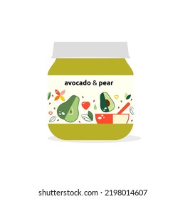 Glass Jars With Baby Food. Package Design Avocado And Pear. Organic Baby Food Puree.Vector Illustration.