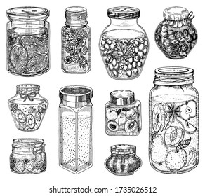 Glass jars with berry jam and fruit set. Vintage bottles with orange, raspberries and cherries. Hand drawn engraved sketch for woodcut logo or badge. 