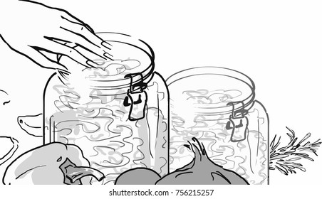  Glass jars with blanks for the winter and vegetables. Female hand touch glass jars. Black and white sketch. Simple drawing.  Black and white vector sketch. Simple drawing.