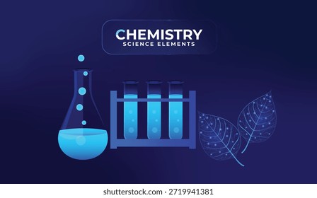 Frascos de vidro ou garrafas contendo líquidos brilhantes para experiências químicas e ecológicas. Tubos de ensaio para laboratórios químicos ou científicos. Folhas que representam a sustentabilidade. Biologia.