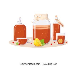 Jares de vidrio, botellas, tazas con bebida kombucha, limón, hojas de menta, bayas. Bebida refrescante de verano con fruta. Seta fermentada probiótica por la tarde. Comer sano. Ilustración del vector