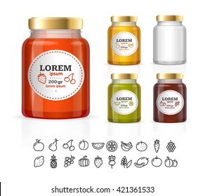 Glass Jars Bottles with Jam, Confiture, Honey. Vector illustration