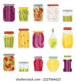 Glass jars with canned fruits and vegetables flat icons set. Thick sweet food. Conserved lemons, peppers, tomatoes, beans, cucumbers and sweet jam. Organic food. Color isolated illustrations