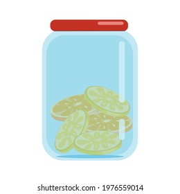 Glass jars closed with lids filled with dried slices of lemons and oranges, blanks of dried fruits, vector illustration in flat style, isolate, cartoon.