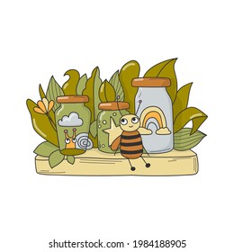 Glass jars with a cloud, a rainbow, and stars on a shelf with leaves. Cute bee and snail. Vector cartoon illustration