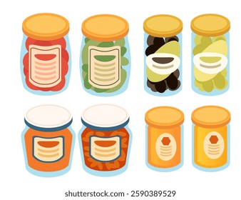 Glass jars with colorful contents. Preserved food containers with orange lids. Jam, honey, pickles, and spreads. Pantry storage containers. Canned preserves with various colors. Vector illustration.