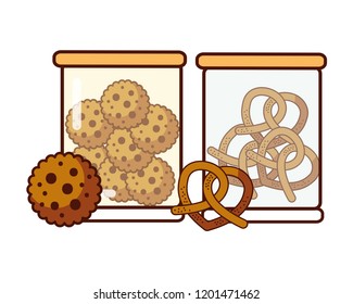 glass jars with cookies and pretzels food dessert bakery