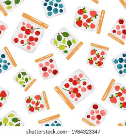 Glass jars with delicious sweet berry jam - seamless vector pattern on white background. Hand drawn strawberry, red currant, blueberry, gooseberry and cherry berries in cartoon style. Food print