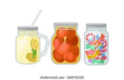 Glass Jars with Different Objects Inside Vector Set