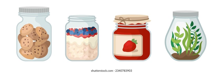 Glass Jars with Different Objects Inside Vector Set