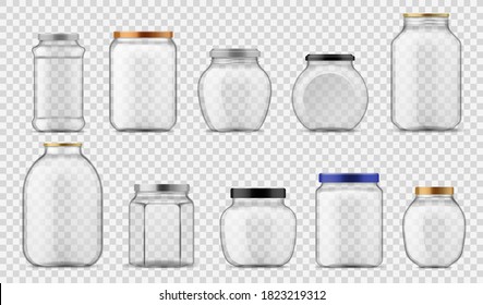 Glass jars. Empty clear containers different sizes with metal and plastic, with screw caps for food canning and storage, realistic vector on transparent background with reflection shadow template