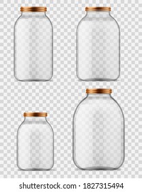 Glass jars. Empty transparent containers with reflection shadow for homemade jam and canning food. Glassware different sizes with metal and plastic screw caps for storage realistic vector mockups