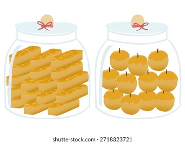 Frascos de vidro preenchidos com biscoitos kastengel e nastar ordenadamente arranjados, ilustrando caseiros eid mubarak lanches e conceito de armazenamento de padaria.
