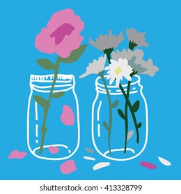 Glass jars and flowers vector. 