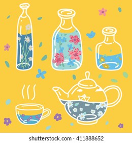 Glass jars and flowers vector. Tea and cup with flowers. 
