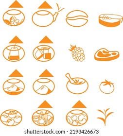 
Glass jars with food and vector set of fruits, nuts, tea, coffee, meat and fish