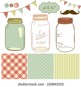 Glass Jars, frames and cute seamless backgrounds. Ideal for wedding invitations.