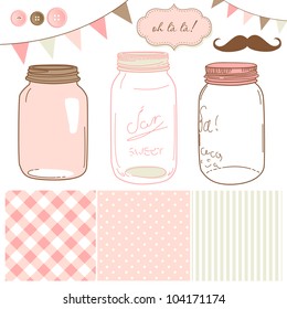 Glass Jars, frames and cute seamless backgrounds. Ideal for wedding invitations.