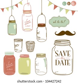 Glass Jars, frames and cute seamless backgrounds. Ideal for wedding invitations and Save the Date invitations