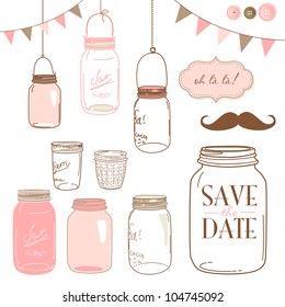 Glass Jars, frames and cute seamless backgrounds. Ideal for wedding invitations and Save the Date invitations