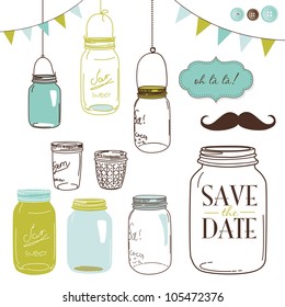 Glass Jars, frames and cute seamless backgrounds. Ideal for wedding invitations and Save the Date invitations