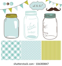 Glass Jars, frames and cute seamless backgrounds. Ideal for wedding invitations.