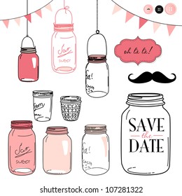 Glass Jars, frames and cute seamless backgrounds. Ideal for wedding invitations and Save the Date invitations