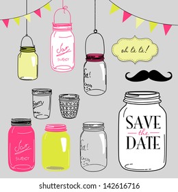 Glass Jars, frames and cute seamless backgrounds. Ideal for wedding invitations and Save the Date invitations